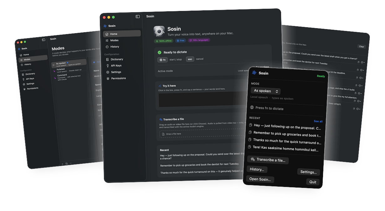 Sosin — Home, Modes, History and the menu-bar companion